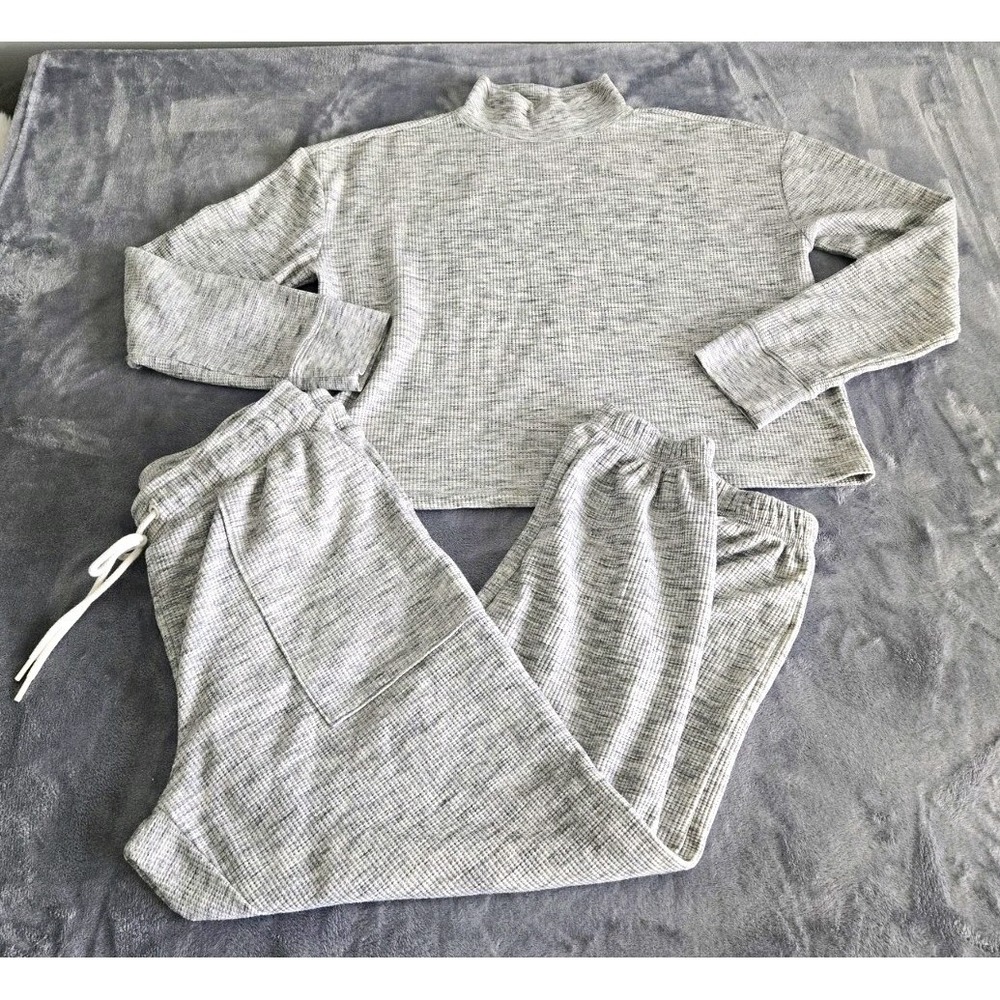 Lou & Grey Gray Waffle Knit 2pc Lounge Set Mock Neck Drawstring Pockets Size Lrg